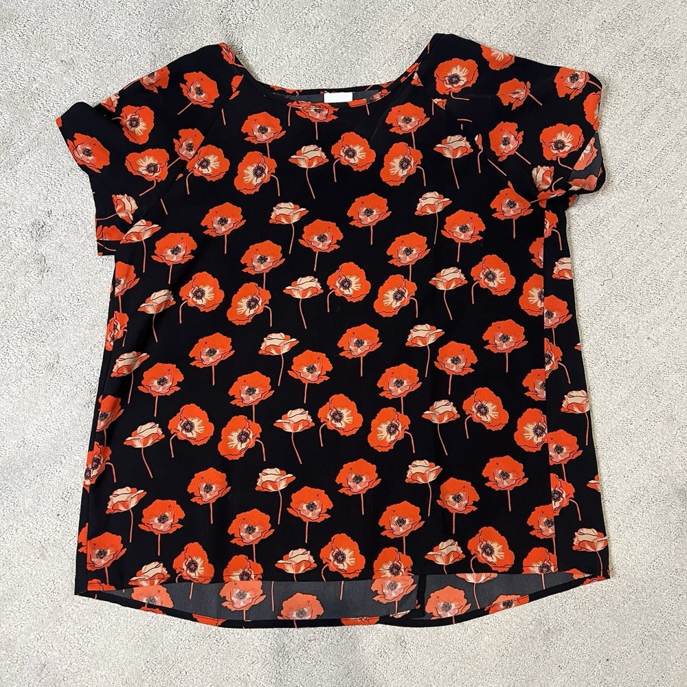 CAbi Flanders Poppy Blouse Womens Size S Black Red Short Sleeve Split Back #3251